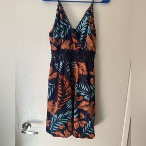 Cupshe Navy Dress with Orange and Teal Leaf Print